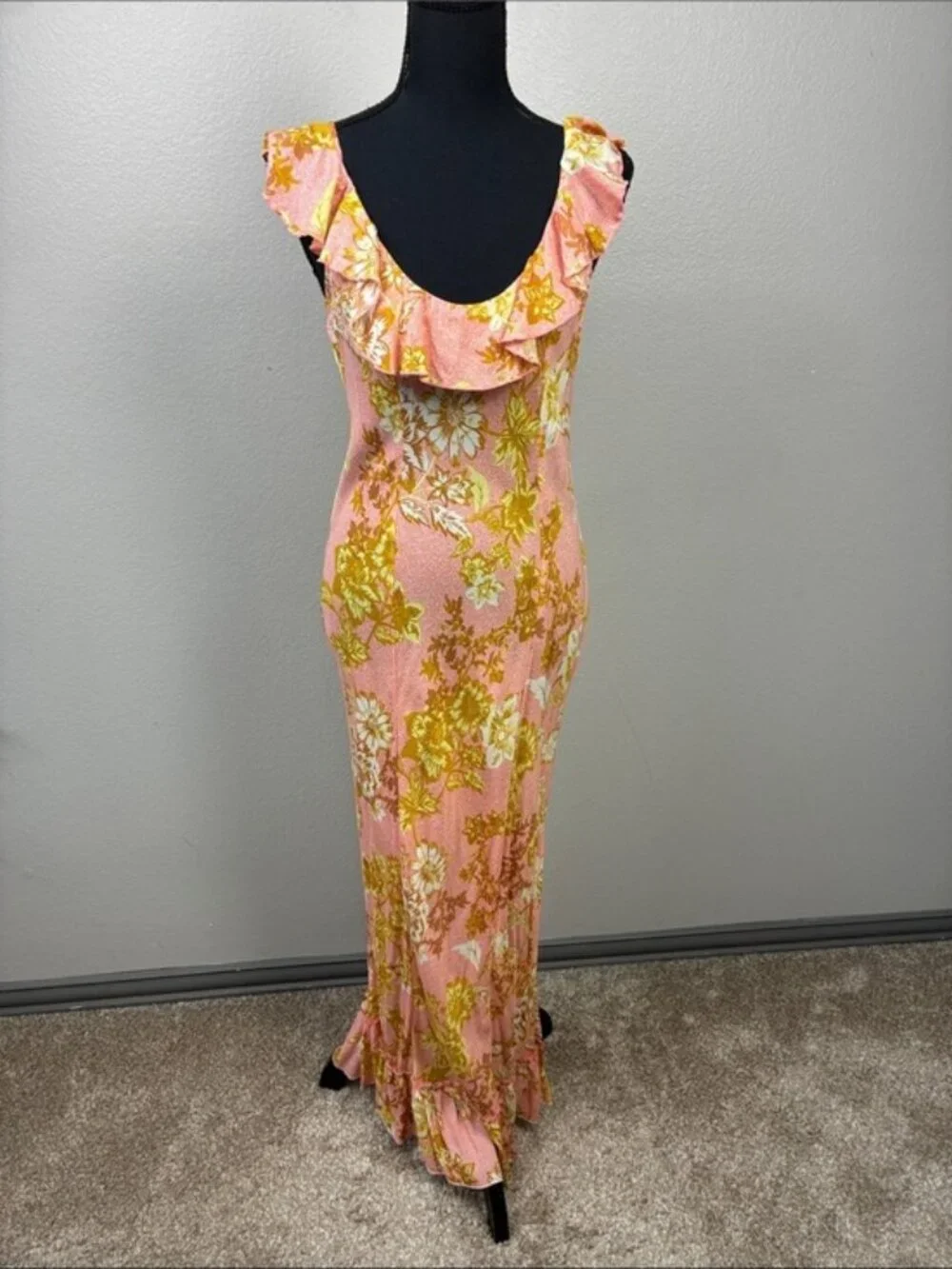 Free People Remind Me Maxi Slip Dress Floral Pink Coral Combo Ruffle S